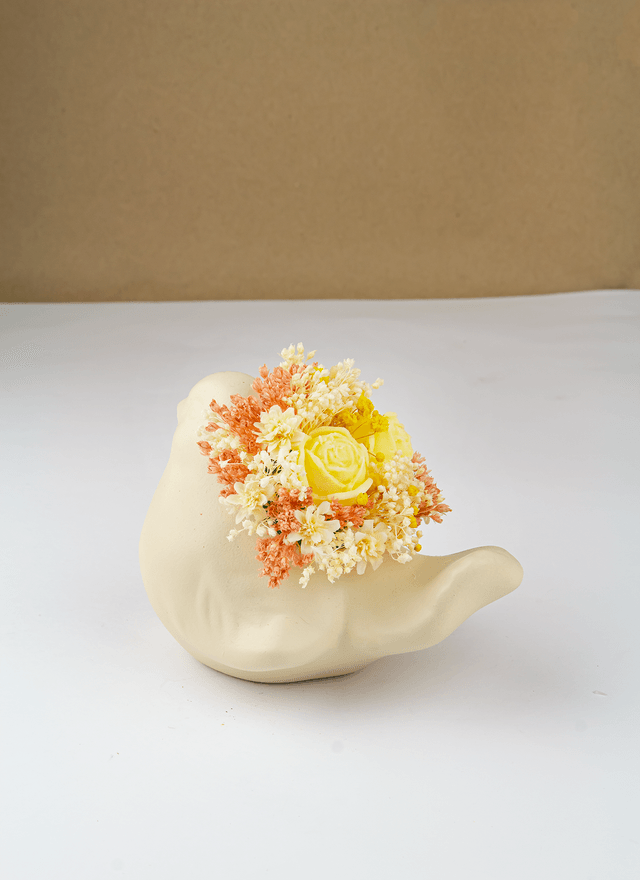 Pássaro Cerâmica Floral Beje
